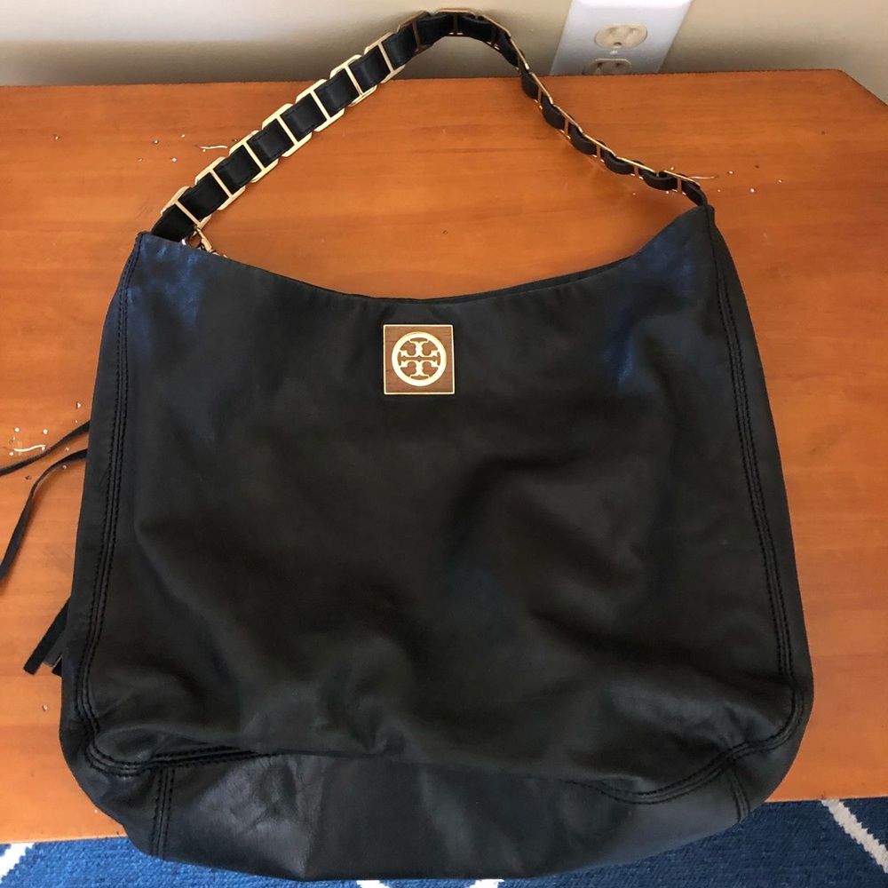 Tory Burch Black Leather Hobo Bag with Gold Chain Strap